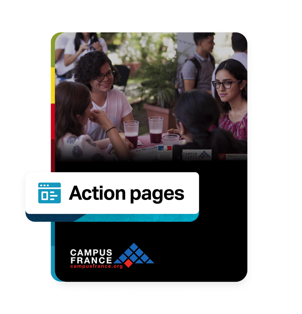 Students meeting for lunch at Campus France, with an overlay highlighting the Action pages feature.